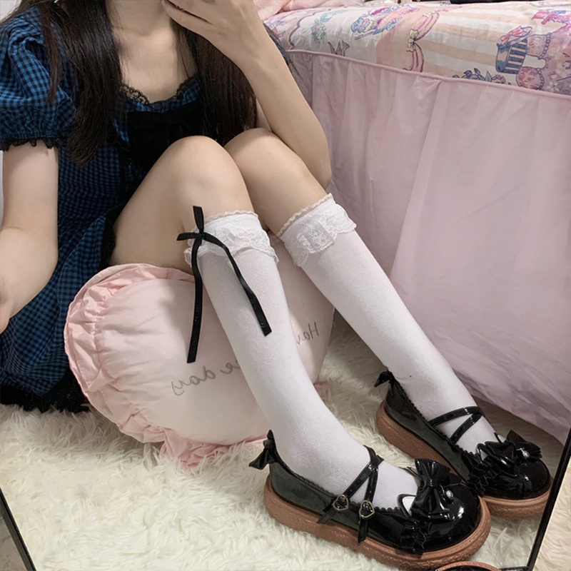 Tất Cotton Cao Qua Gối Phối Ren Đính Nơ Phong Cách Lolita Nhật Bản Cho Nữ