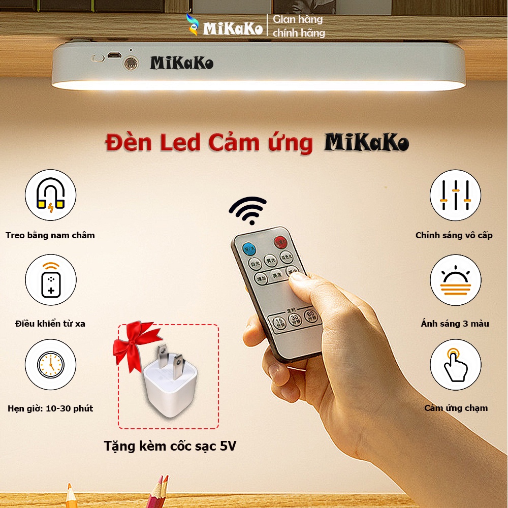 Đèn LED Cảm Ứng Chống Cận MiKaKo MKM-38 Pin tích điện 4000mA. Có Điều Khiển Từ Xa - Miếng Dính Nam Châm. Tặng Cốc Sạc 5V