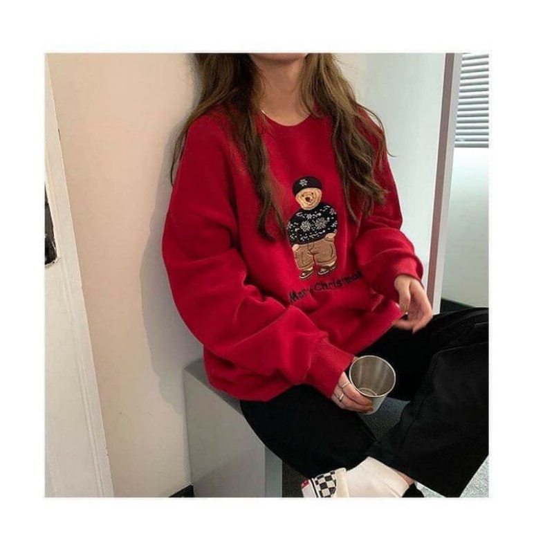 Áo Nỉ Noel Gấu Tuyết; Sweet Đỏ Nữ [FREESHIP]Sweater giáng sinh form rộng tay bồng, thun merry christmas cá tính Ulzzang