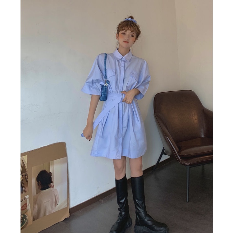 Đầm Sơ Mi Dáng Rộng Chiết Eo Phong Cách Hàn Quốc Thời Trang Mùa Hè Hàng Mới Dành Cho Bạn Nữ