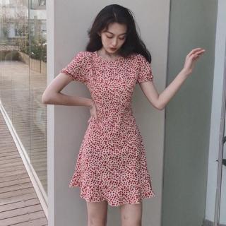 Đầm Nữ Ngắn Tay Cổ Tròn Eo Thắt Dây Thời Trang Hàn