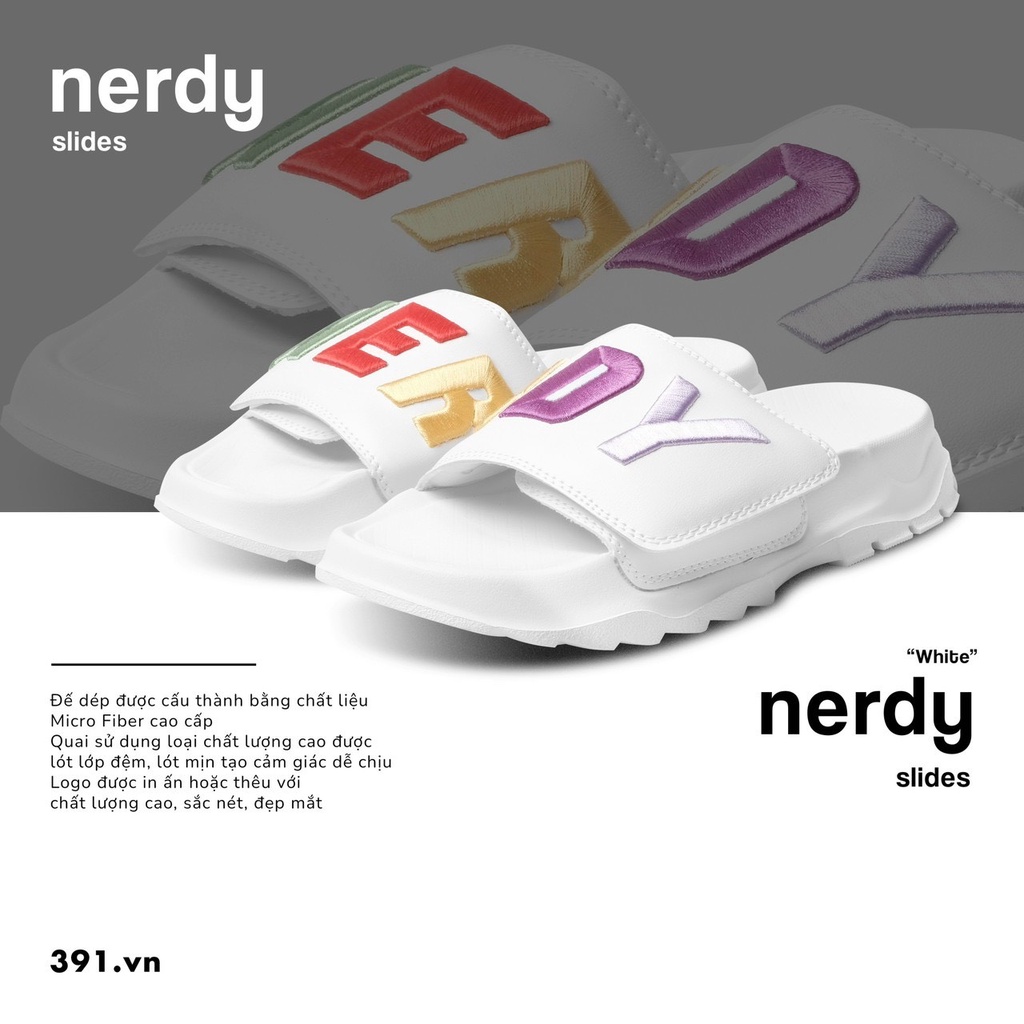 Dép NERDY TRẮNG ĐEN LOGO THÊU ĐỘC LẠ [ Có hộp bảo vệ + Hỗ trợ đổi size ]