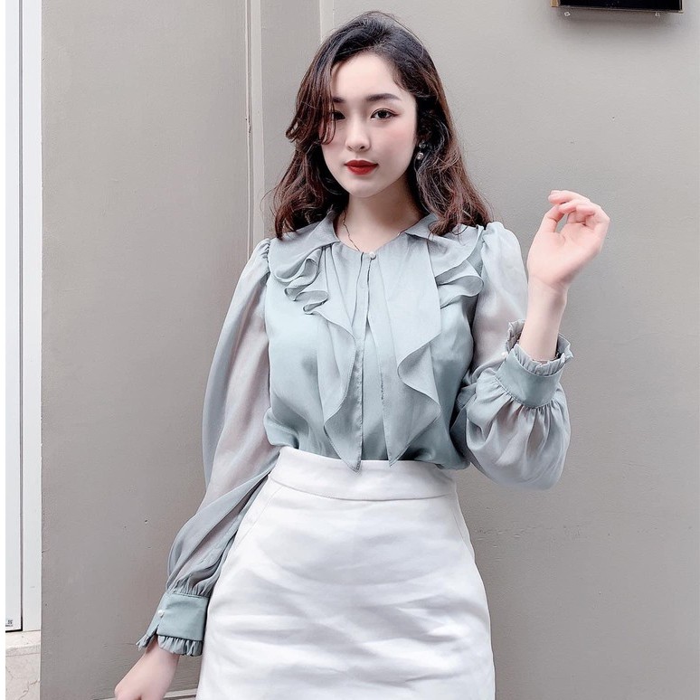 [Mã SKAMFSW175 giảm 10K đơn 50K] Áo sơ mi nữ dài tay công sở tơ cổ bèo cúc ngọc cách điệu A813 KYMIE