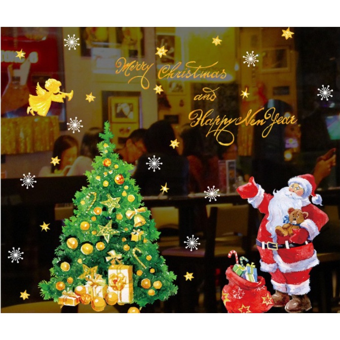 Decal Trang Trí Noel - Ông già noel phát quà bên cây thông