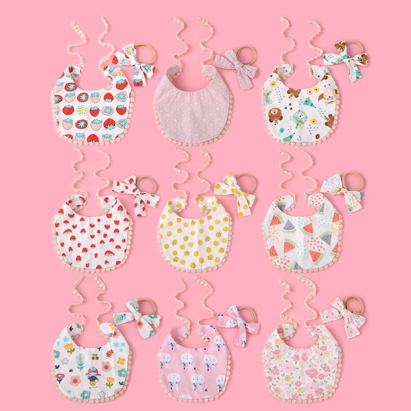 Set yếm đeo cổ kèm turban nơ xinh xắn cho bé gái 0-2 tuổi