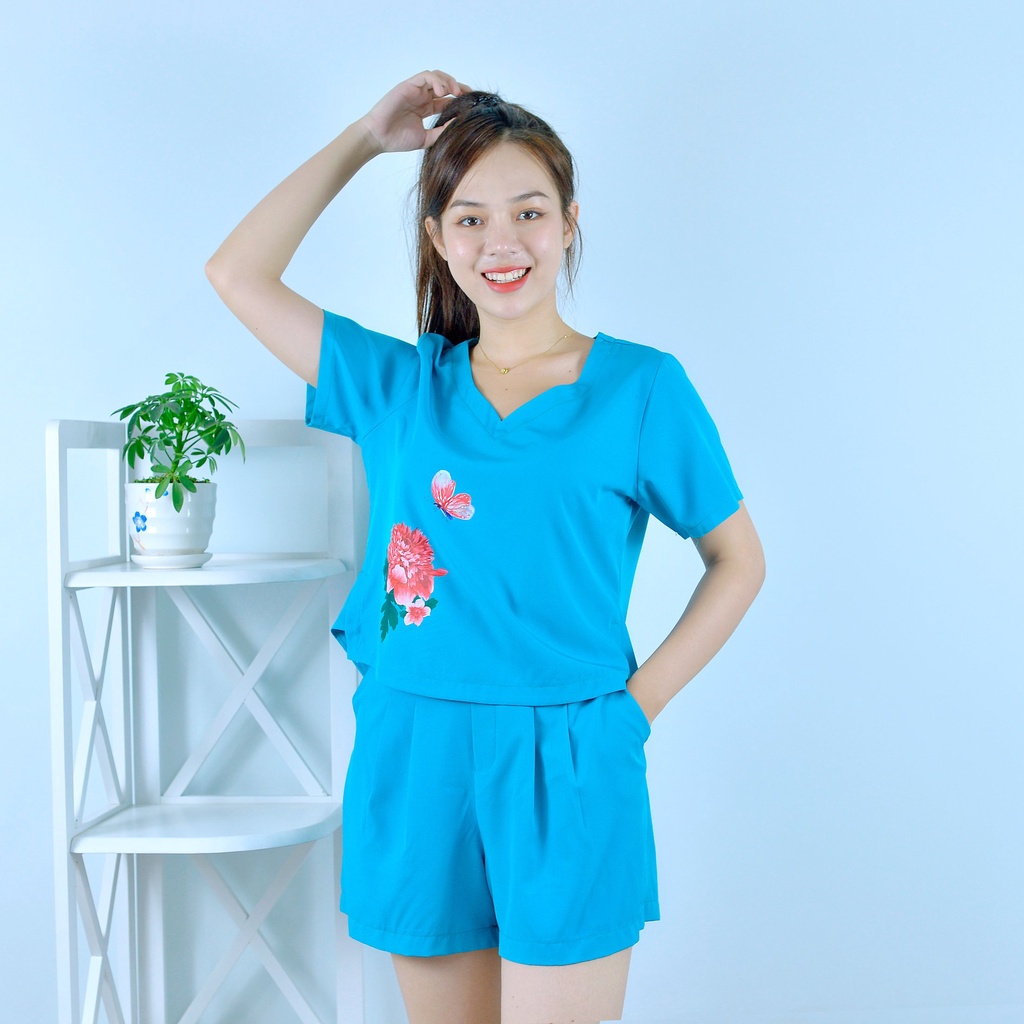Bộ đồ nữ MÀU XANH ĐẬM IN HOA CỰC XINH  - vải lụa cao cấp - Lịch sự - Quý phái