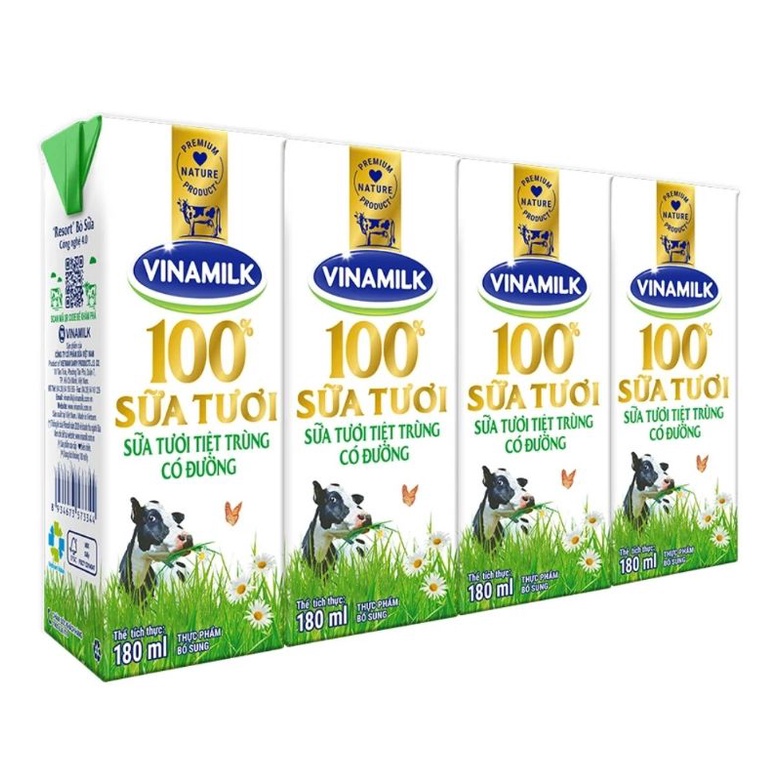 Sữa Tươi Tiệt Trùng Vinamilk 100% Có Đường - Lốc 4 Hộp 180ml