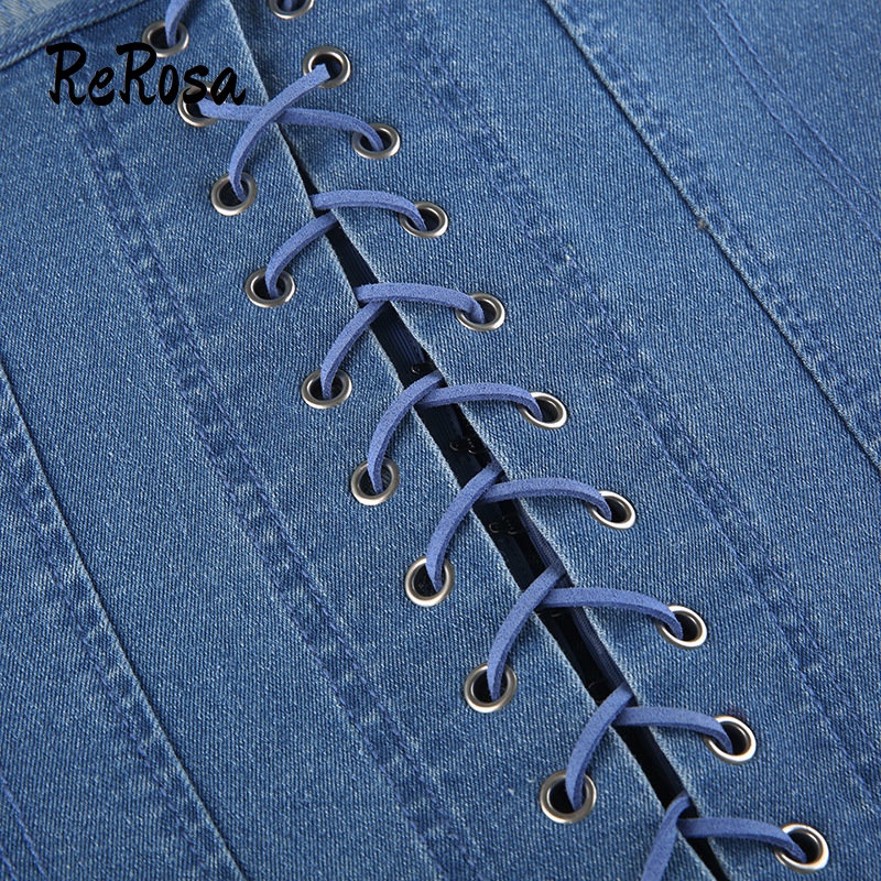 Rerosa Áo Denim Hai Dây Dáng Ôm Gợn Sóng Màu Trơn | BigBuy360 - bigbuy360.vn