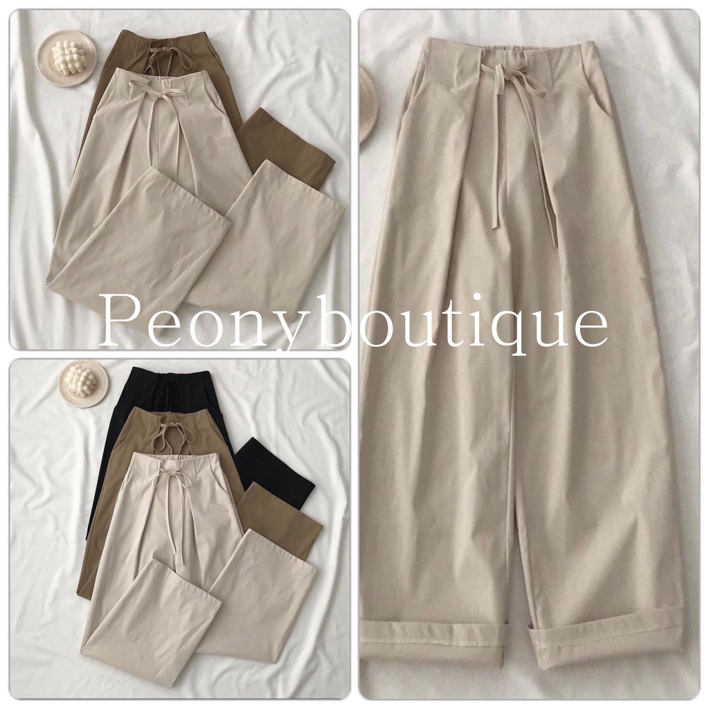 Quần Kaki Cạp May Viền Phối Nơ PEONYB Nữ [FREESHIP]  Culottes suông ống rộng lưng cao màu vintage cá tính Ulzzang