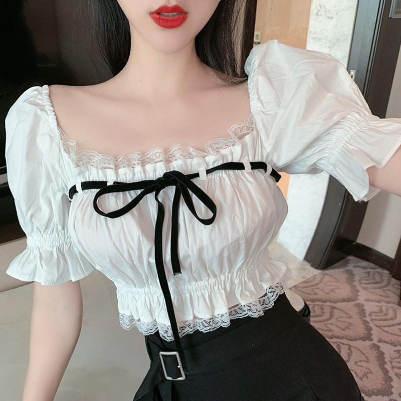 Áo Sơ Mi Ngắn Tay Với Thiết Kế Phối Ren Xinh Xắn Theo Phong Cách Hàn Quốc