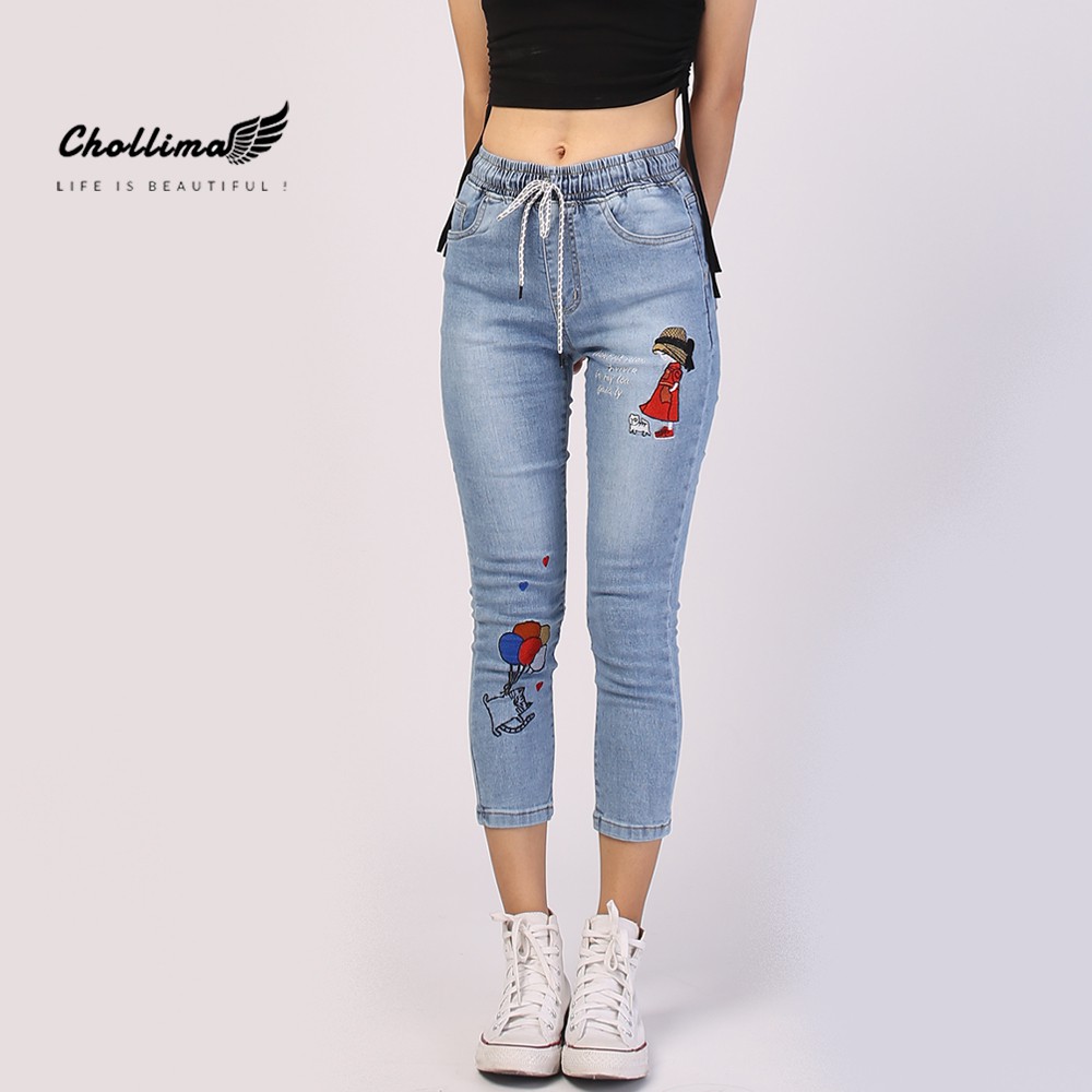 Quần jeans nữ lưng thun Chollima thêu cô gái QD021 - Quần bò 9 tấc lưng thun
