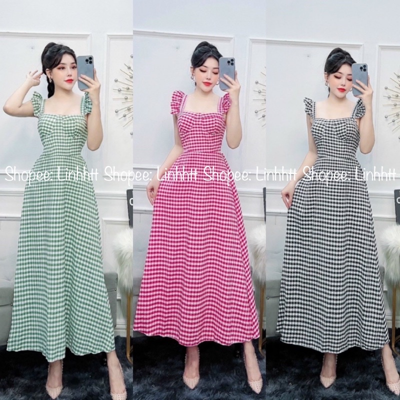 Đầm cánh tiên dáng dài maxi caro sẵn mút ngực đầm bầu bon chen