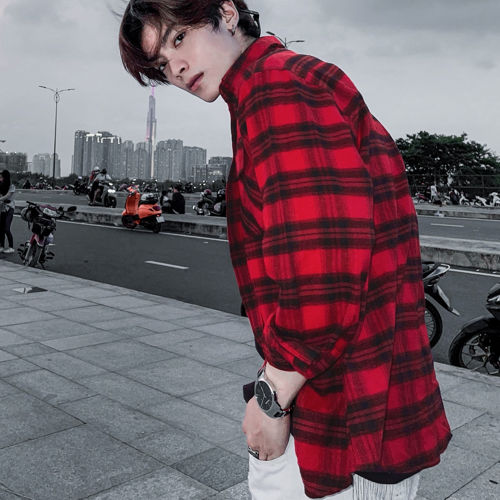 Áo Sơ Mi Flannel Màu Đỏ Sọc Xanh