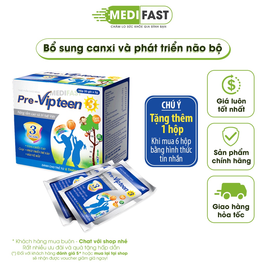 Pre Vipteen 3 hỗ trợ bổ sung canxi - phát triển trí não cho bé - Có tem tích điểm Previpteen - Hộp 20 gói