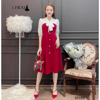 Váy nhung cổ nơ dáng xoè SP288