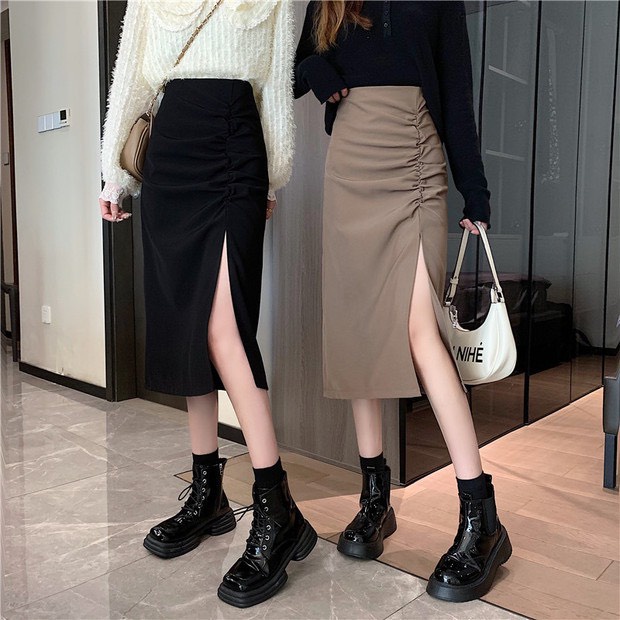 Chân váy nữ dáng dài xẻ tà có nhún ngay eo, chân váy lưng cao dáng dài chất vải dày dặn Okélla