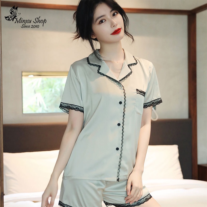 Bộ pijama lụa cao cấp, bộ đồ CỘC TAY QUẦN ĐÙI MÁT MẺ nữ tính phong cách Hàn Quốc Mã PE