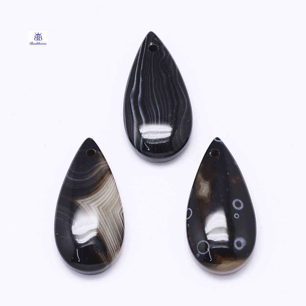 Mặt dây bằng đá mã não màu đen tự nhiên hình giọt nước cỡ 29~31x14~15x4.5~5.5mm lỗ 2mm