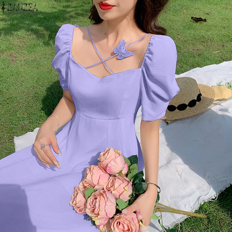 Đầm ZANZEA dáng dài tay phồng cổ vuông thời trang Hàn Quốc cho nữ