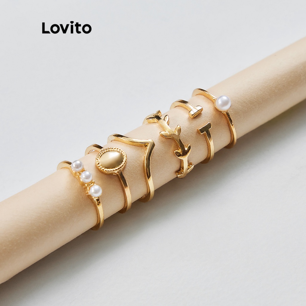 Nhẫn Lovito 6Pcs đính ngọc trai nhân tạo kiểu hình học đơn giản phong cách thanh lịch L17M153 (Màu vàng)