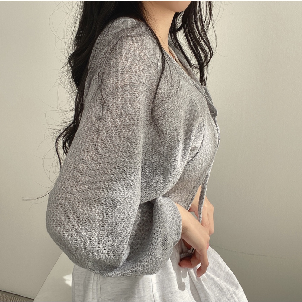 Áo khoác cardigan nữ 2022, áo bánh bèo nữ tay bồng màu trắn, đen xám dây thắt nơ chất vải mềm mại