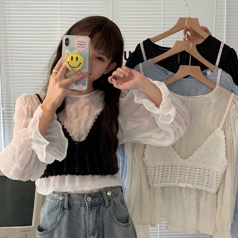 Set Áo Tay Phồng Bánh Bèo + Áo Len Ren Siêu Xinh