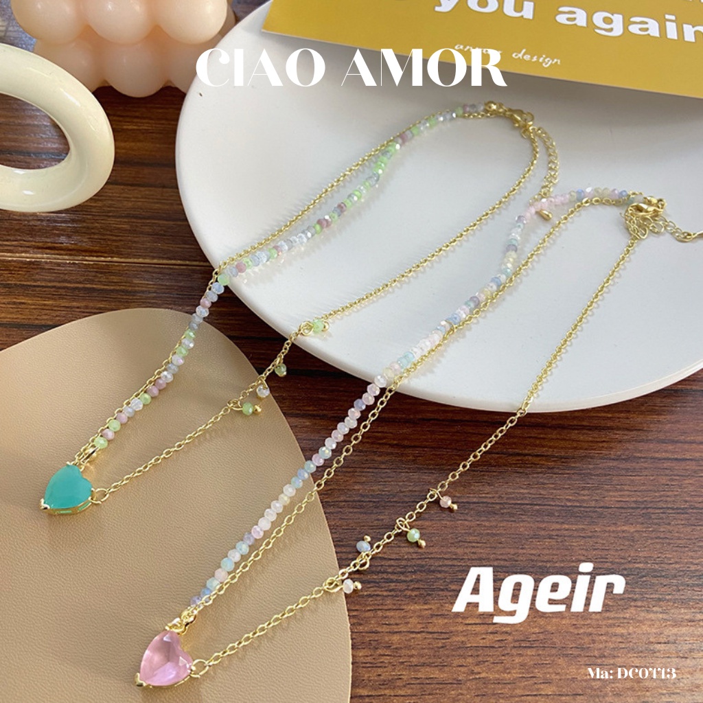 Dây chuyền nữ, Vòng cổ nữ đính hạt sắc màu hồng, xanh dễ thương tiểu thư Trang sức Ciao Amor - DC0443