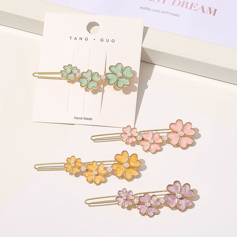 Kẹp Tóc Cỏ Bốn Lá Màu Kẹo Đính Ngọc Đính Ngọc Trai Phong Cách Cổ Điển