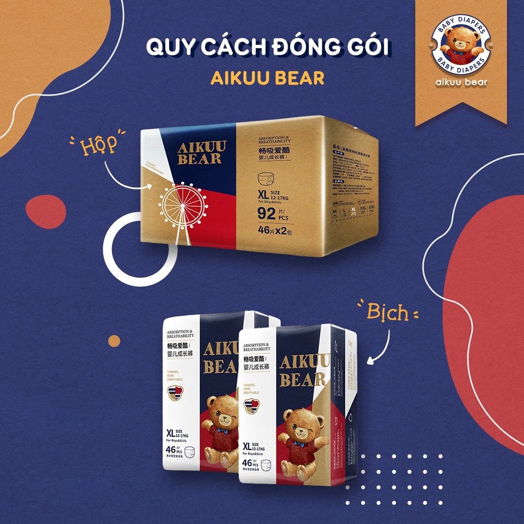 [Thùng]Tã Bỉm AIKUU BEAR Dán/Quần đủ size S112,M100/M100,L96,XL92,XXL88,XXXL84 siêu mềm mỏng