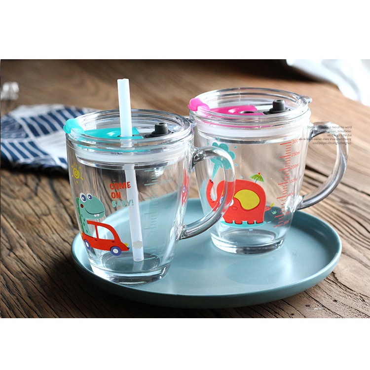Cốc uống nước kèm ống hút có chia vạch tiện lợi (350ml) loại thủy tinh