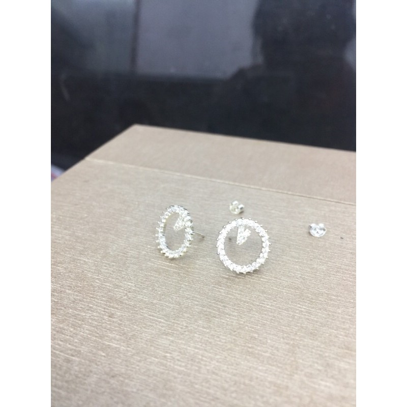 Khuyên tai tròn hình đồng hồ đính đá nhỏ bạc chuẩn