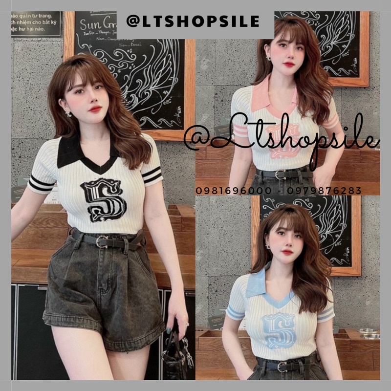 Áo len polo chữ S thêu phối màu viền tay siêu chảnh.