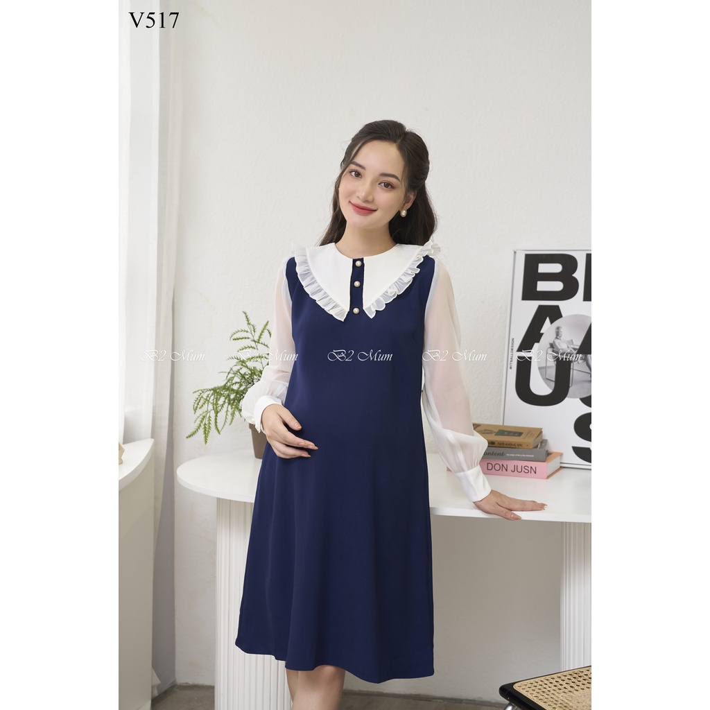 Váy bầu công sở cổ bèo nhọn dáng xuông phối tay trắng V517 B2 MUM