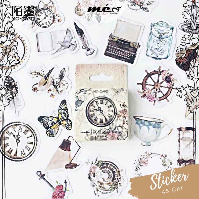 STICKER đồng hồ cổ điển, vật dụng Vintage hộp 45 miếng dán trang trí sổ tay Bullet Journal, bao thư -S11