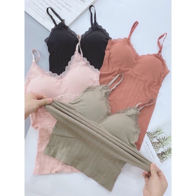 Áo Bra 2 Dây Coton Thân Dài, Bra Cotton Tăm Viền Ren Hai Dây Co Giãn 4 Chiều