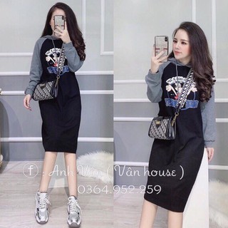 váy hoodie nỉ có mũ in hình chú chó chất nỉ da cá