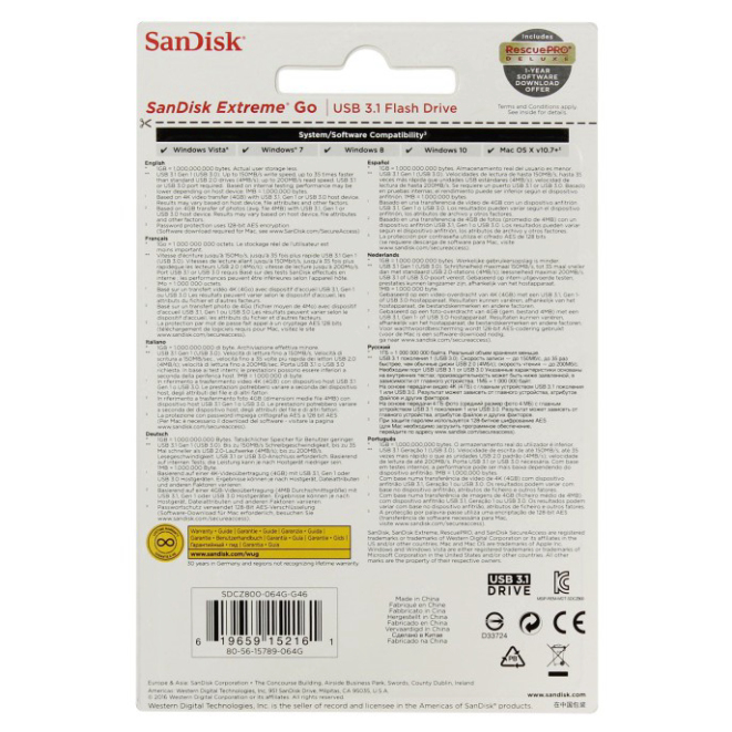 USB 3.1 SanDisk Extreme Go CZ800 64GB 200MB/s (SDCZ800-064G-A46) | BigBuy360 - bigbuy360.vn