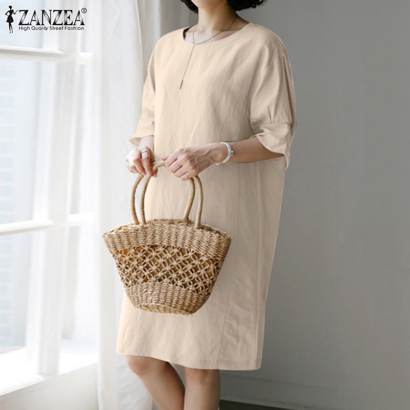 Zanzea Đầm Mini Tay Lửng Ống Loe Cổ Tròn Thời Trang Dành Cho Nữ