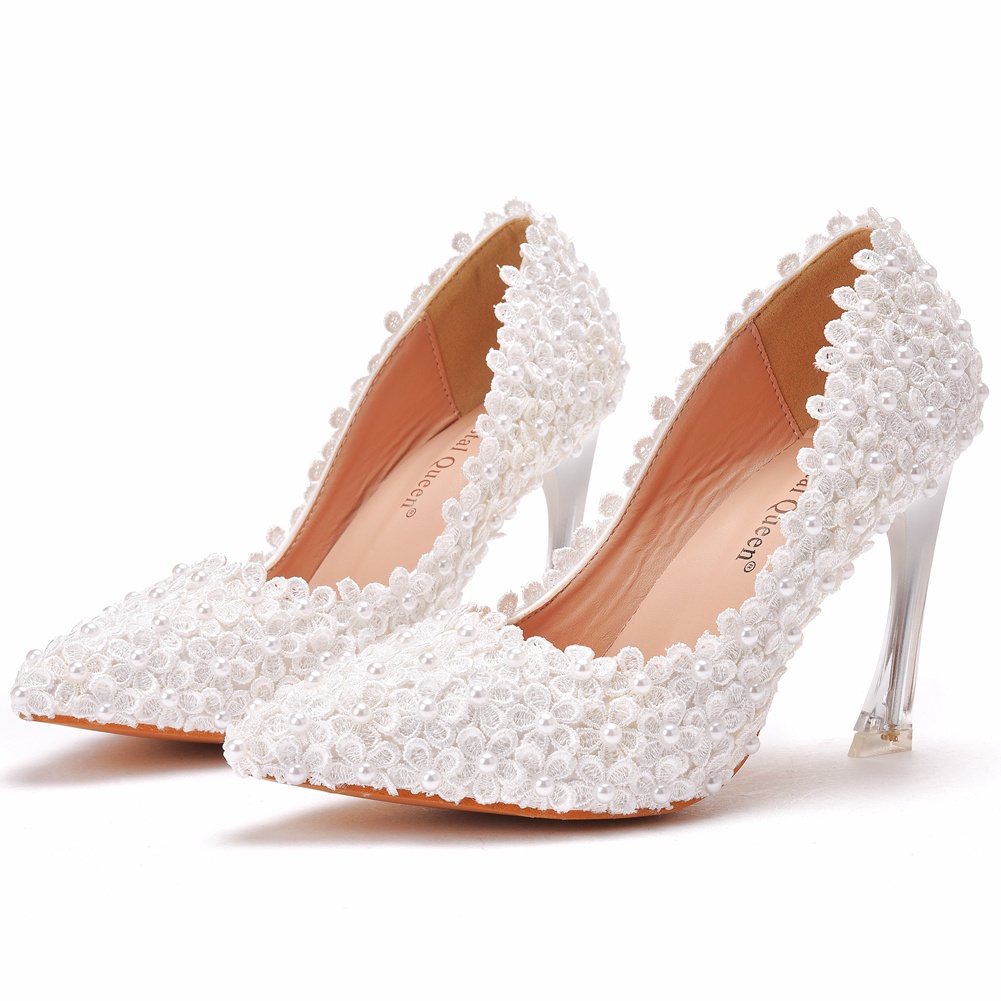 ★Đuôi★Giày Cao Gót 9Cm Mũi Nhọn Quai Trong Suốt Đính Đá Họa Tiết Hoa Màu Trắng Thời Trang Sang Trọng Cho Cô Dâu