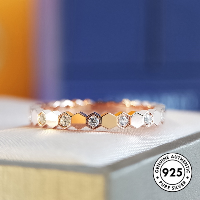 Nhẫn Mạ Vàng Hồng / Bạc 925 Hình Tổ Ong Đính Đá Thời Trang