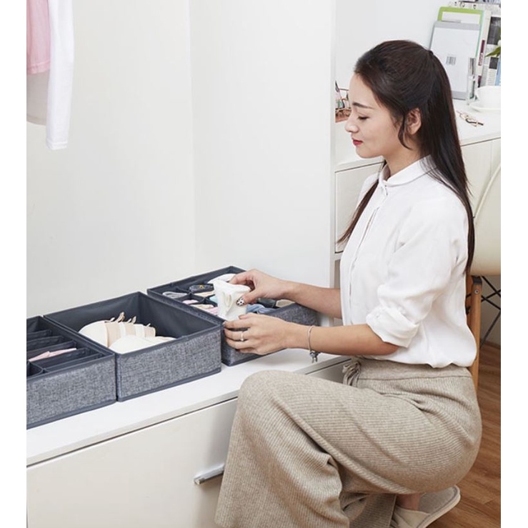 [3 Túi Hộp Cứng] Set 3 túi hộp vải đựng đồ lót quần áo tất vớ đồ em bé bằng vải không dệt