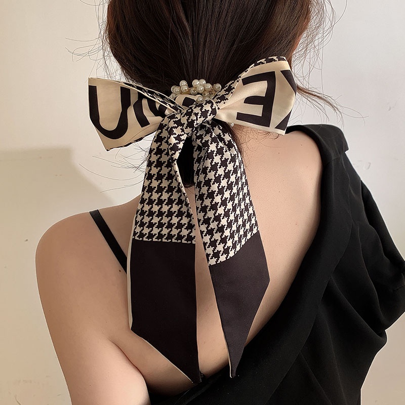 Dây Buộc Tóc Thắt Nơ Ruy Băng Đính Ngọc Trai Giả Kiểu Hàn Quốc Xinh Xắn