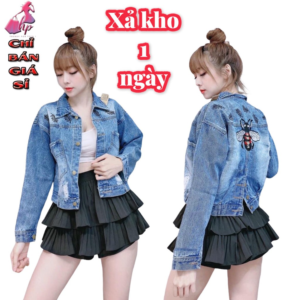 Áo Khoát Nữ Jeans Cao Cấp Nữ Túi Phối Da Thêu Chữ cực Thời Trang Siêu Hot