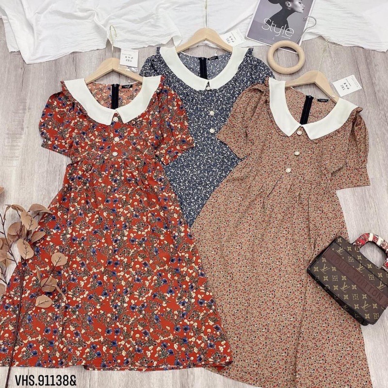 Đầm Nữ Hoa Nhí Ngắn Tay Cổ Bèo Phối Màu 🦋 Váy Nữ Cộc Tay Hoa Dáng Xòe Khóa Sau 3 Màu 🦋 | BigBuy360 - bigbuy360.vn