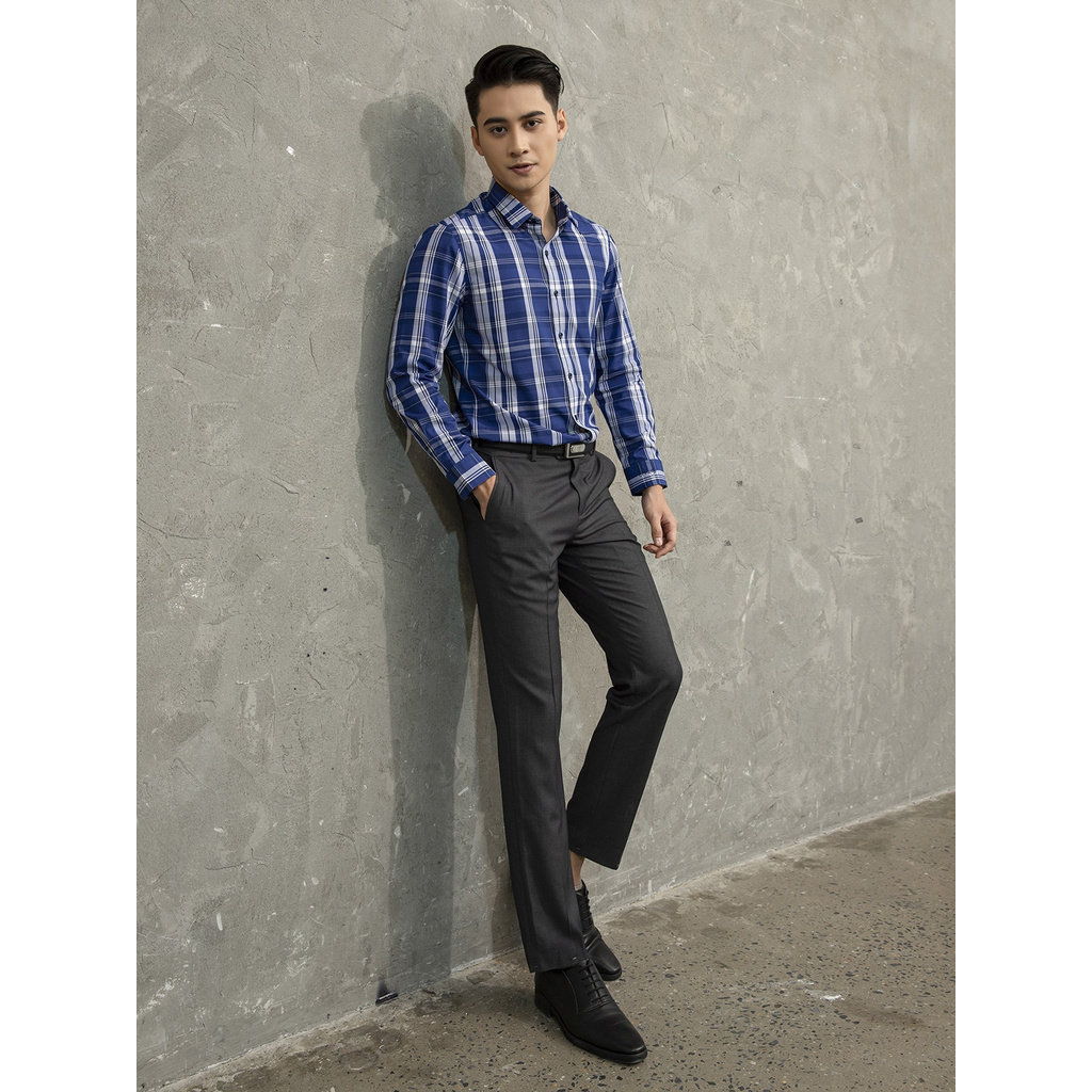 Áo Sơ Mi Nam Dài Tay ARISTINO ALS02101 Somi Công Sở Cao Cấp Màu Xanh Tím Than Kẻ Trắng Vải Sợi Sồi Dáng Ôm Không Túi