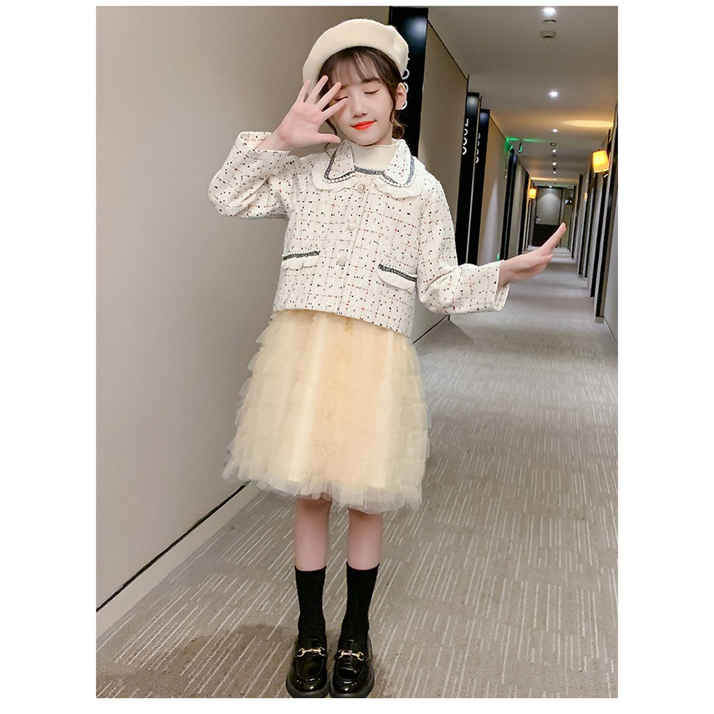 Váy thu đông bé gái chất dạ phối ren tầng xinh xắn tặng kèm áo khoác siêu đẹp size 14-32kg [SV07]