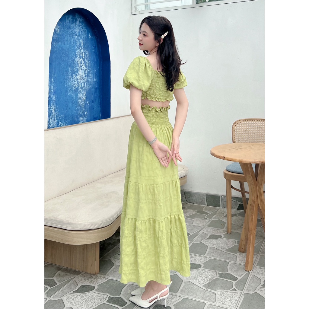 Set Áo Croptop Kèm Chân Váy Dáng Xòe Mặc 2 Kiểu 2094 OTOP, Đầm Maxi Đi Biển