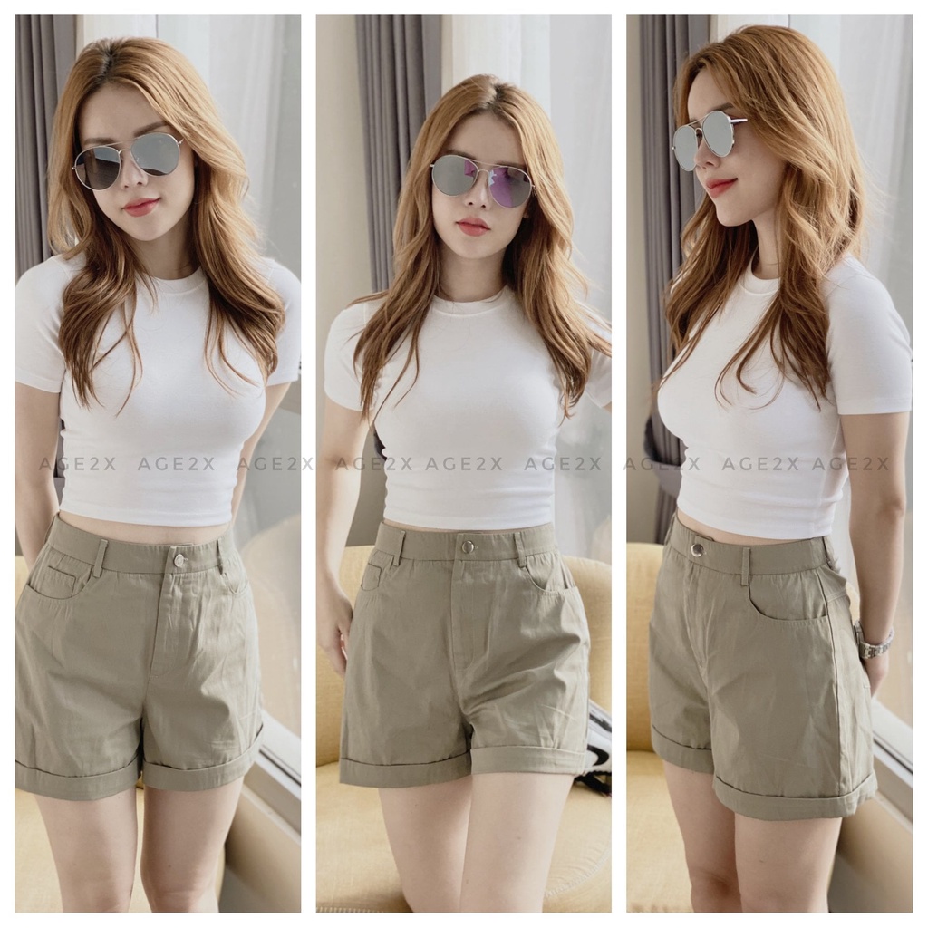 ✅ CHÍNH HÃNG ✅ Quần short ống rộng, lưng cao đen phối cùng áo croptop body