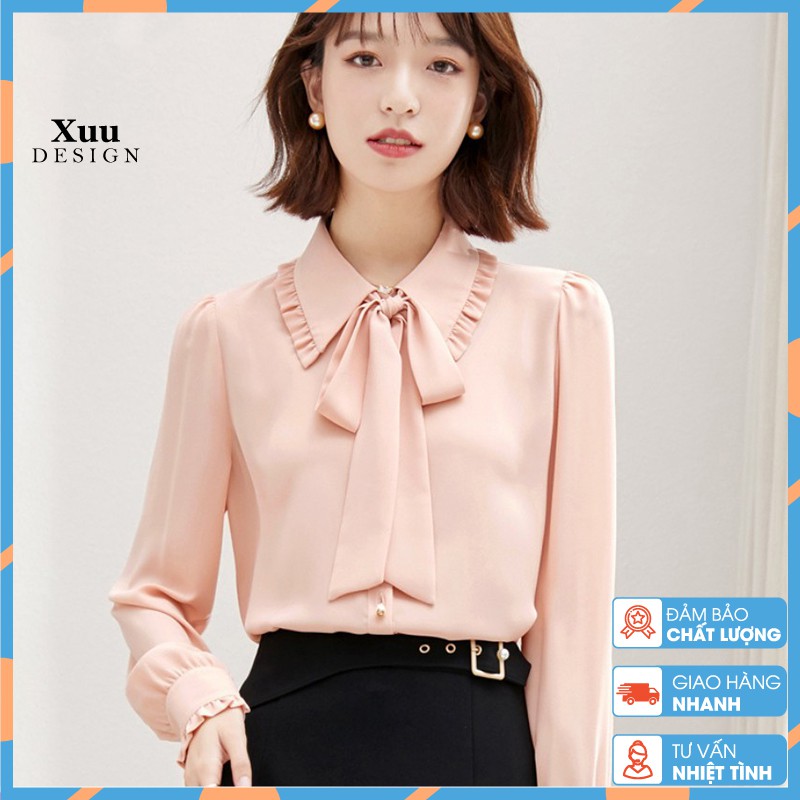 Áo sơ mi nữ kiểu Xuu Design ,Áo somi nữ tay bồng phối nơ gam nhẹ nhàng chất vải đẹp Xu03 Hồng