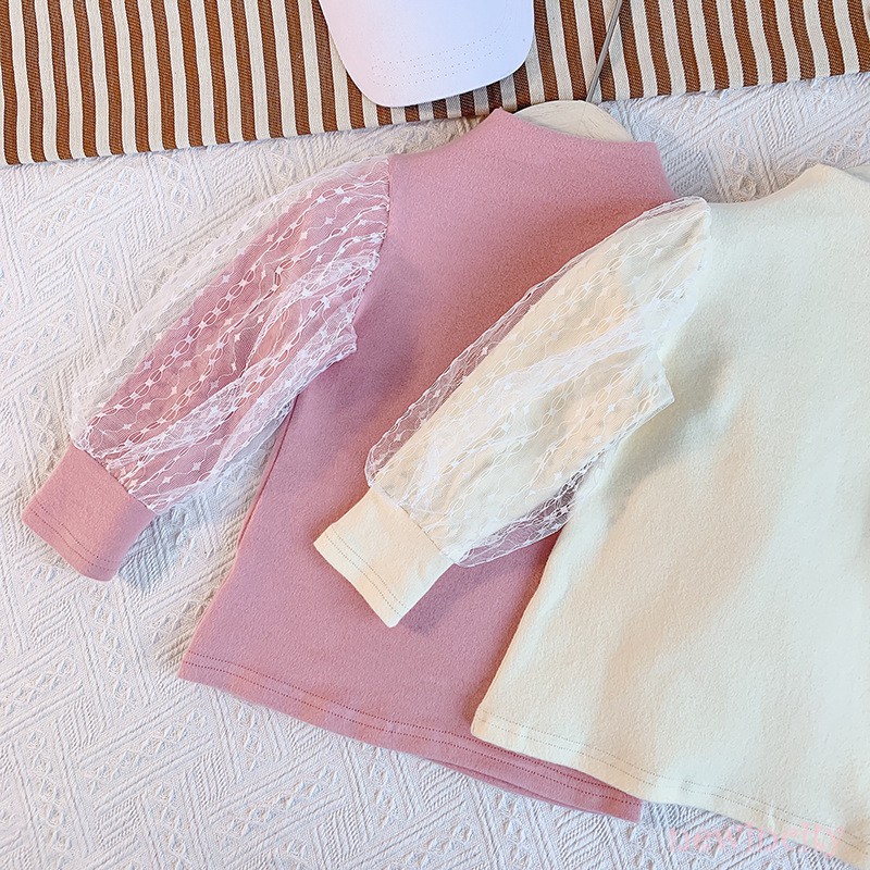 Áo dài tay cổ cao phối lưới họa tiết chấm bi phong cách Hàn Quốc xinh xắn dành cho bé gái